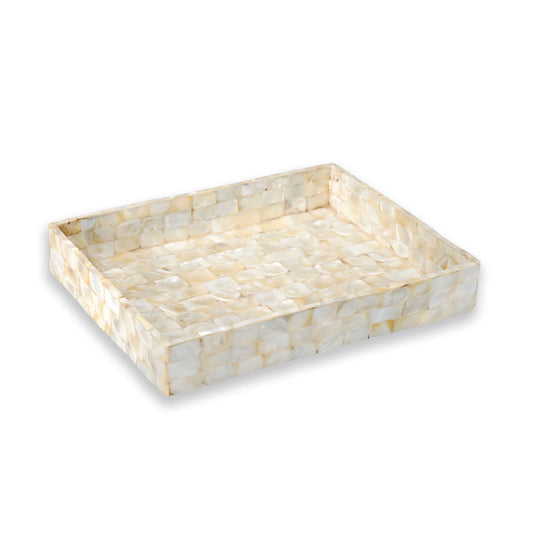 A small oval-shaped mother of pearl display tray with polished tiles.